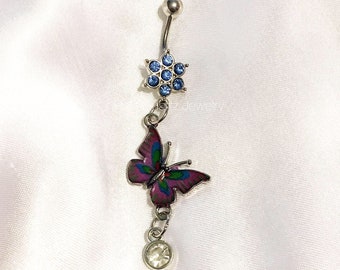 Butterfly Belly Button Ring - Blue Rhinestone Flower Navel Ring with Butterfly Dangle Charm - Stainless Steel, 14G