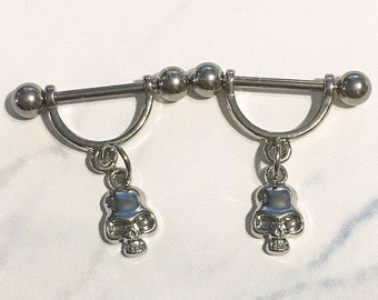 Skull Nipple Rings - Pair of Stainless Steel Nipple Barbells - Dangle Skull Nipple Jewelry - Nipples Piercings