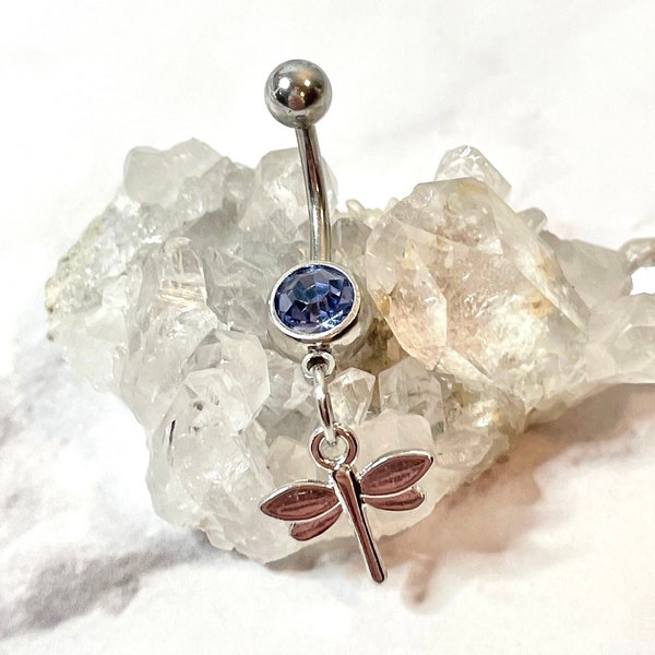 Periwinkle Dragonfly Belly Button Ring - 14G Stainless Steel Navel Piercing with CZ Rhinestone Crystal and Dragonfly Dangle Charm