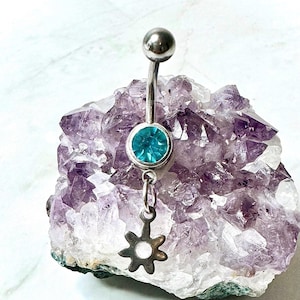 Flower Belly Button Ring | 14G Belly Button Piercing with Dangle Charm | Aqua Rhinestone Stainless Steel Navel Jewelry | Cute Dainty Jewelry