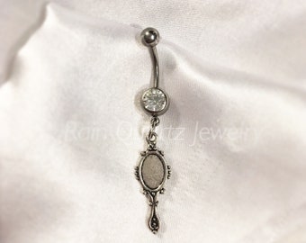 Mirror Belly Button Ring - Dangle Navel Ring with Rhinestone - Unique Navel Piercing - Surgical Steel - 14G Belly Rings
