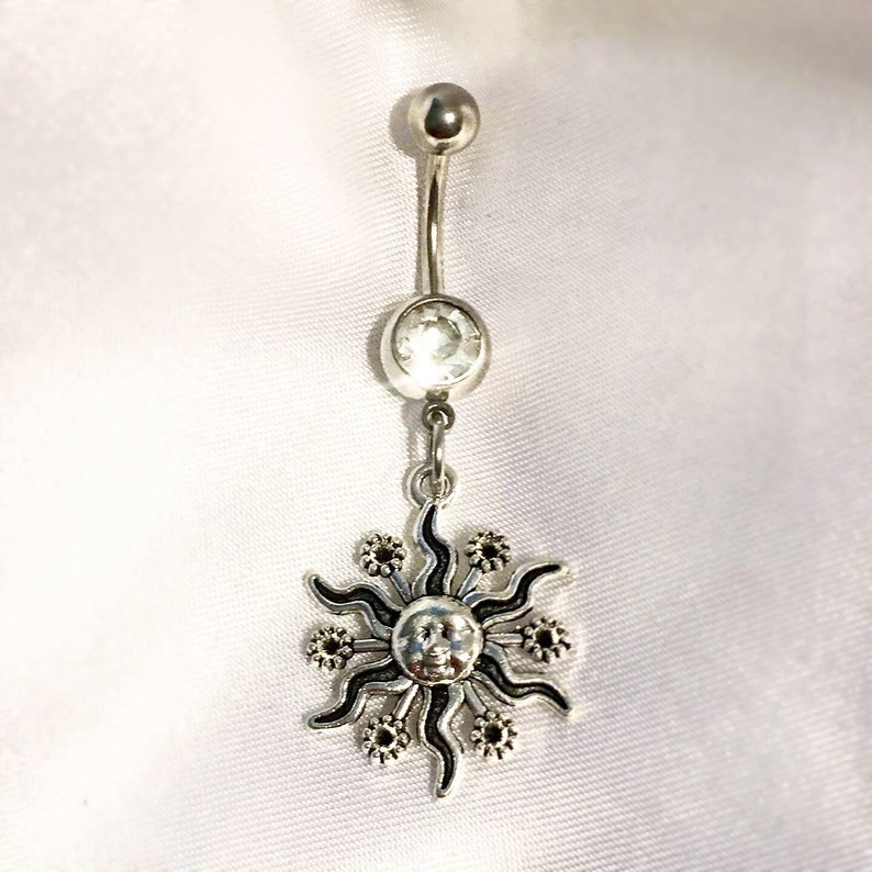 Sun Belly Button Ring Stainless Steel 14G Navel Piercing with Sun Dangle Charm Belly Jewelry