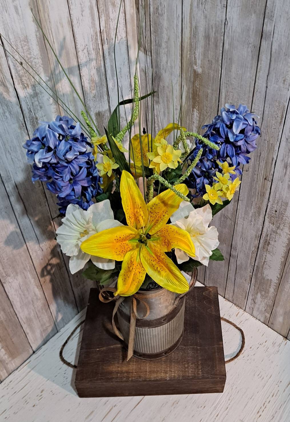 Farmhouse Galvanized Rustic Milk Jug Artificial Floral Fake Etsy