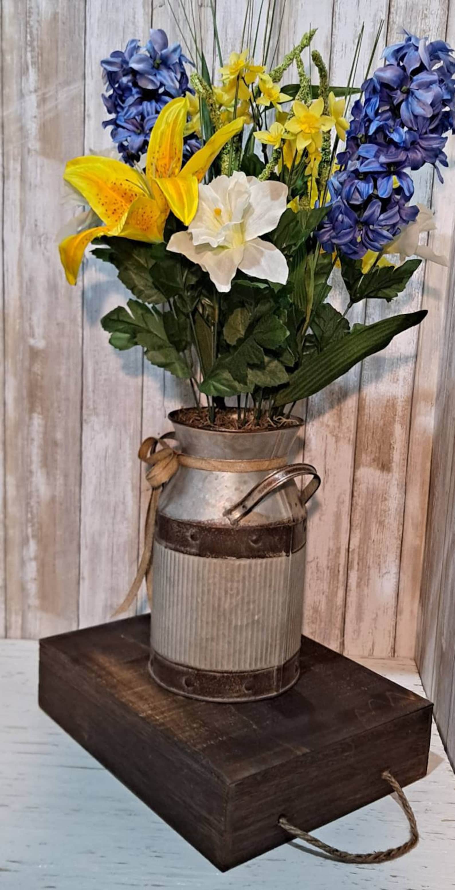 Farmhouse Galvanized Rustic Milk Jug Artificial Floral Fake Etsy