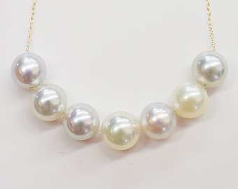 SALE Rare Natural color 9mm - 9.5mm akoya pearl multi color through necklace 10K Real Japan reenspearl Japanese Seawater pearl