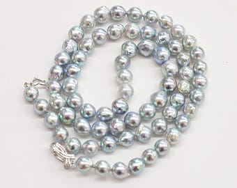 Collier De Perles Akoya Japonaises Bleues - 7.5-8 Mm - Or Jaune 14k - 18 Pouces