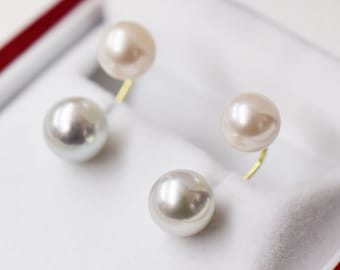 Rare Natural color 8mm × White pink 7.5mm 18K 14K  Sea water Akoya Pearl Earrings From Japan Akoyapearl Japanese Seawater pearl reenspearl