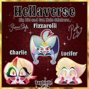 Puede incluir: Pegatinas holográficas troqueladas de Hellaverse con los personajes de dibujos animados Charlie, Fizzarolli y Lucifer. Las pegatinas tienen un esquema de color rojo, blanco y dorado con el texto "Hellaverse" y los nombres de los personajes.