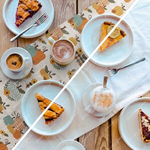 May include: A white tablecloth with a fall-themed table runner featuring pumpkins and leaves. There are four plates with slices of pie and four cups of coffee or cappuccino on the table.