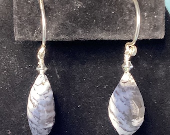 Dendrite Opal and Sterling Silver on Round Fishhook Earrings