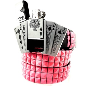 Poker Royal Flush Lighter Belt Buckle and Pink Studded Punk Belt