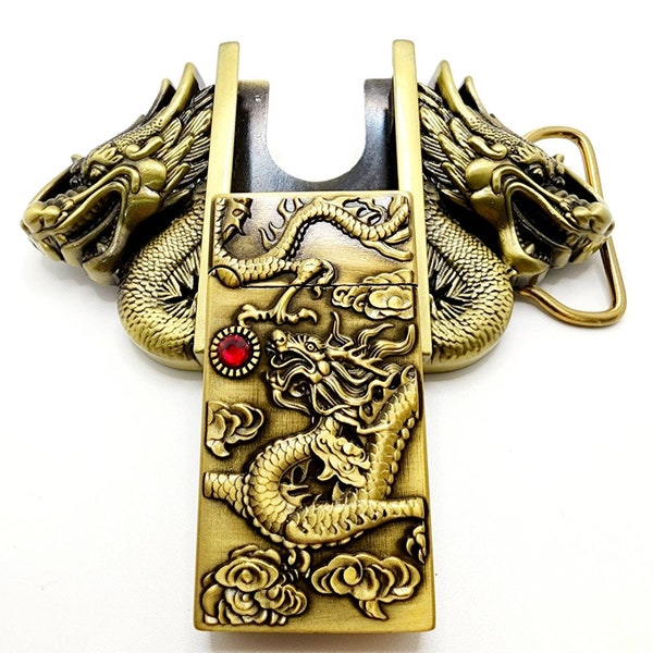 Dual Dragons Bronze Lighter Belt Buckle / Push Button Lighter Holder Buckle