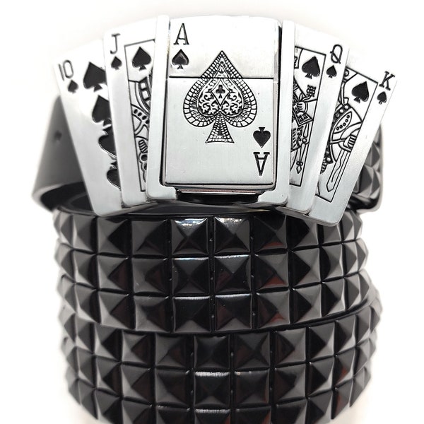 Poker Royal Flush Lighter Belt Buckle and Black Studded Punk Belt