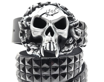 Fanged Skull Belt Buckle and Black Pyramid Studded Leather Belt