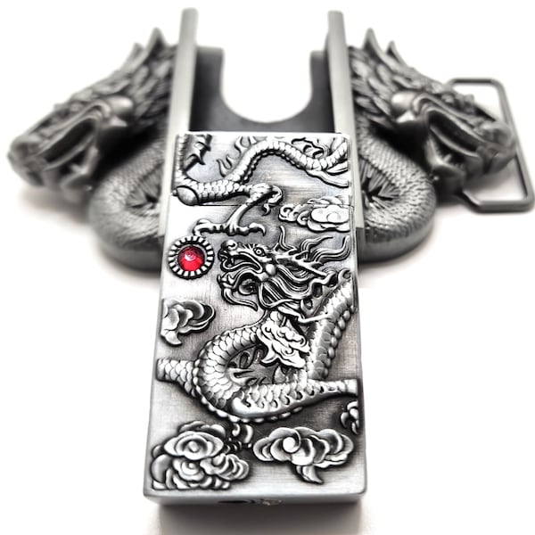 Dual Dragons Silver Lighter Belt Buckle / Push Button Lighter Holder Buckle