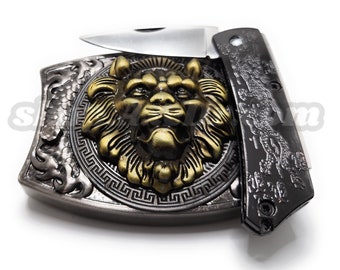 Gold Lion Head Folding Knife Belt Buckle Push-Button-Release