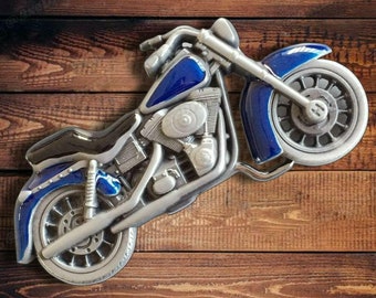 Retro Motorcycle Belt Buckle / Harley Style Blue Enamel Motorcycle Belt Buckle