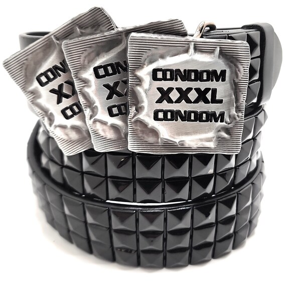 XXXL Condoms Belt Buckle and Black Pyramid Studded Leather - Etsy