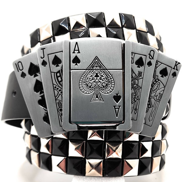 Poker Royal Flush Lighter Belt Buckle and Chrome / Black Studded Punk Belt