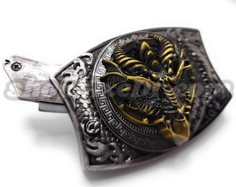 Gold Dragon Head Folding Knife Belt Buckle Push-Button-Release