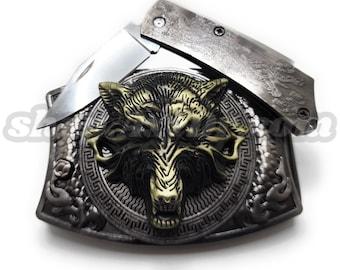 Gold Wolf Head Folding Knife Belt Buckle Push-Button-Release