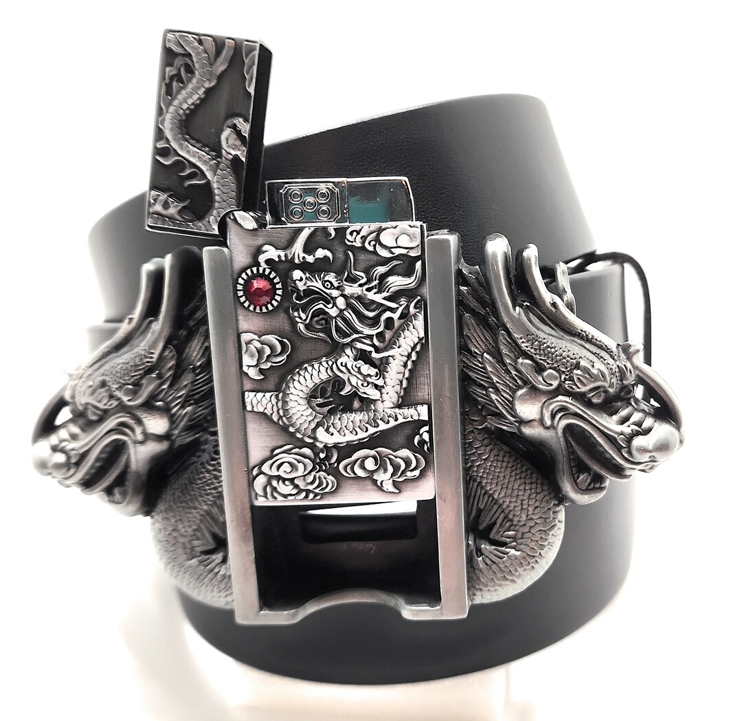 Dual Dragons Silver Lighter Belt Buckle and Genuine Leather Belt Etsy