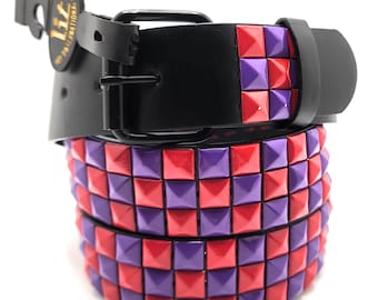 Red & Purple Pyramid Studded Leather Belt Punk