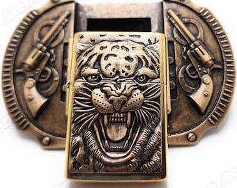 Tiger Western Cowboy Bronze Plated Lighter Belt Buckle / Roaring Tiger Lighter Belt Buckle