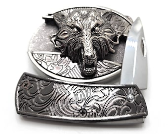 Wolf Head 3D Folding Knife Belt Buckle