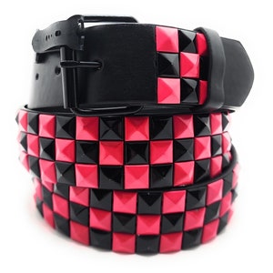 Deep Pink & Black Checkered Pyramid Studded Belt Punk