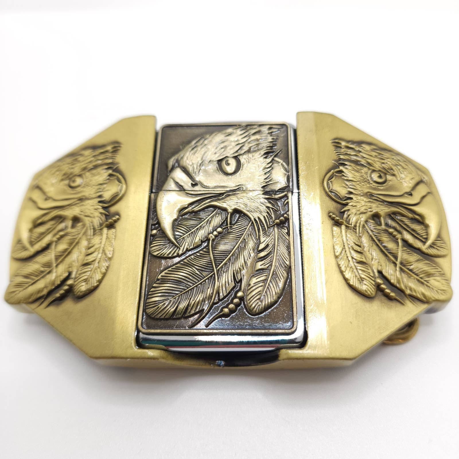 Triple Eagle Bronze Lighter Belt Buckle / Flip Style Lighter Holder