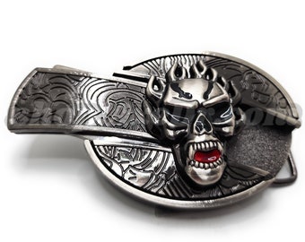 Flaming Skull Folding Knife Belt Buckle