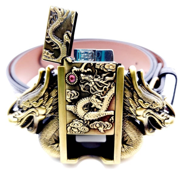 Dual Dragons Bronze Lighter Belt Buckle and 100% Vegan Leather Belt Snap Button