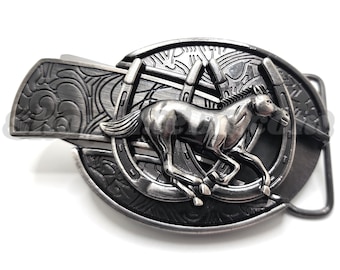 Galloping Horse and Horseshoes Folding Knife Belt Buckle Western