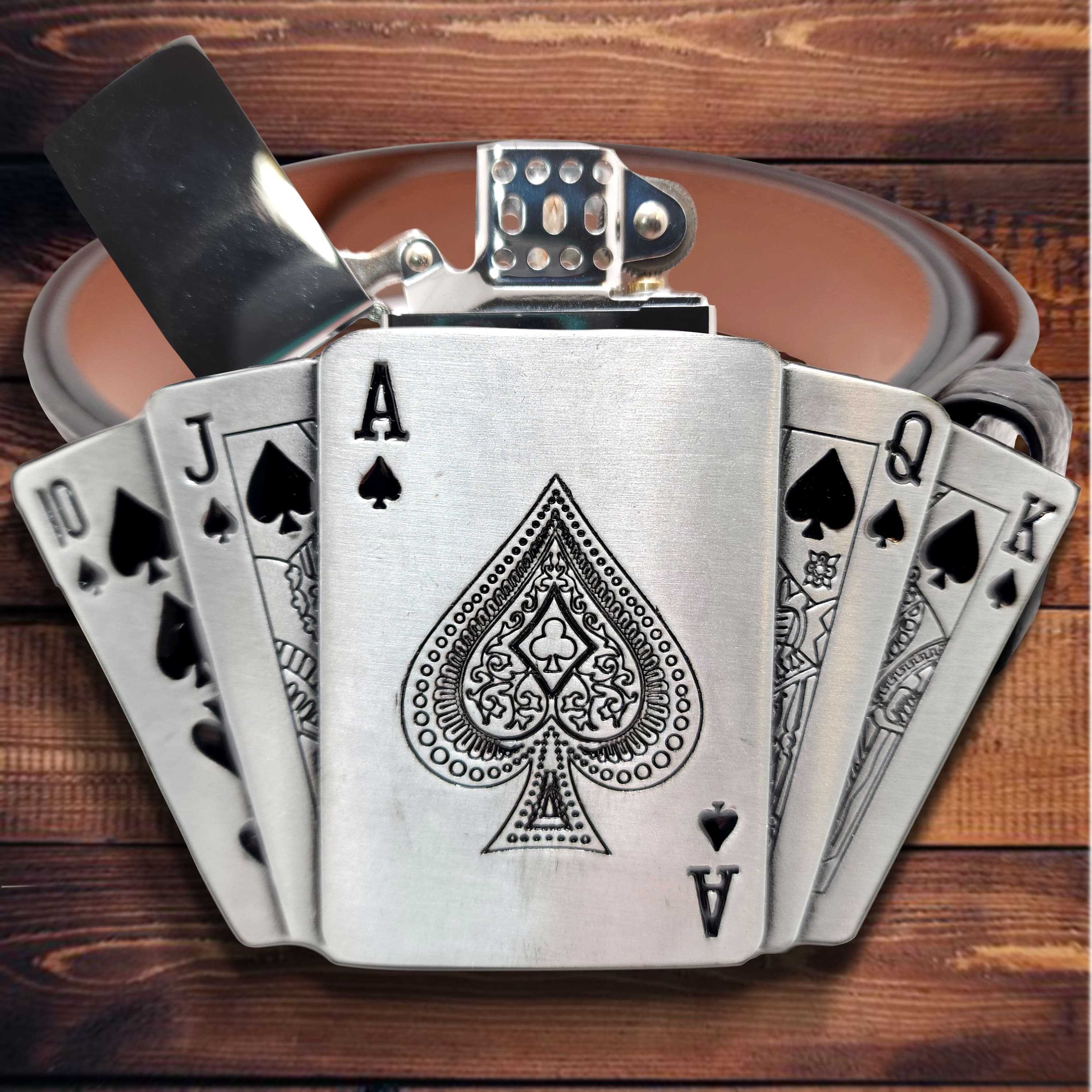 Royal Flush Poker Karten Gürtelschnalle mit Feuerzeug UND Ledergürtel / Karten  Feuerzeug Gürtelschnalle -  Österreich
