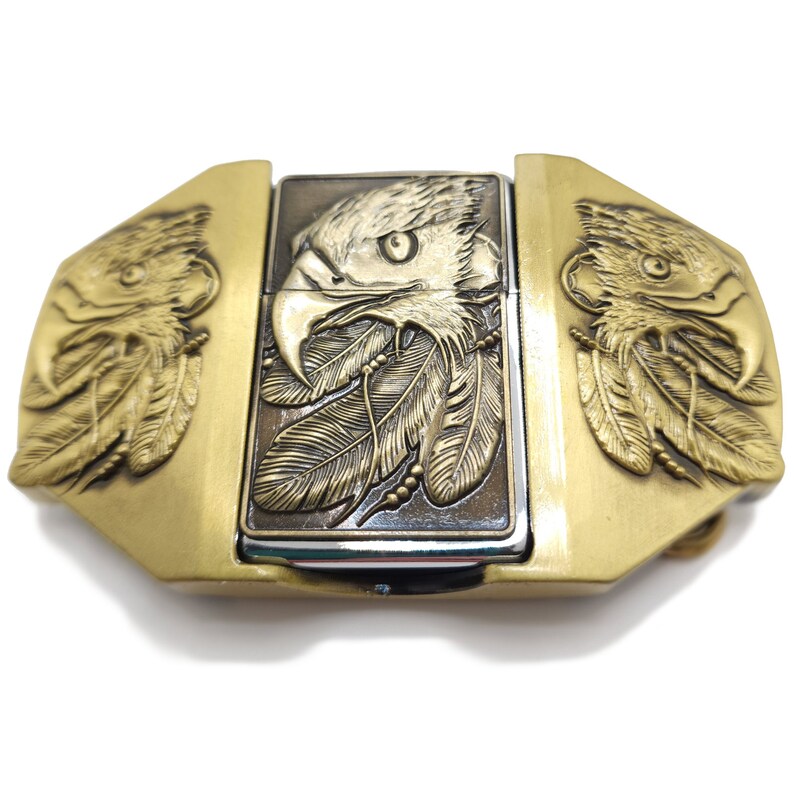 Triple Eagle Bronze Lighter Belt Buckle / Flip Style Lighter Holder