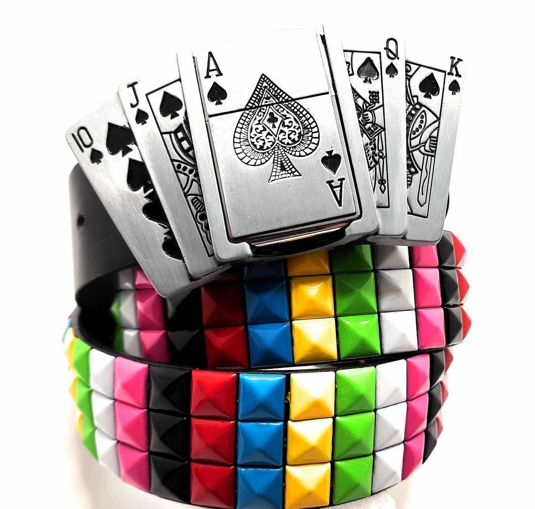 Poker Royal Flush Lighter Belt Buckle and Rainbow Checker Studded Punk