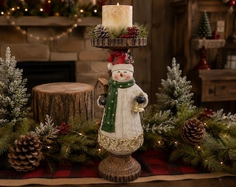 Snowman Candle Holder Pedestal | Christmas Centerpiece | Resin Snowman Decor | Farmhouse Holiday Mantel | Collect All 3 Designs