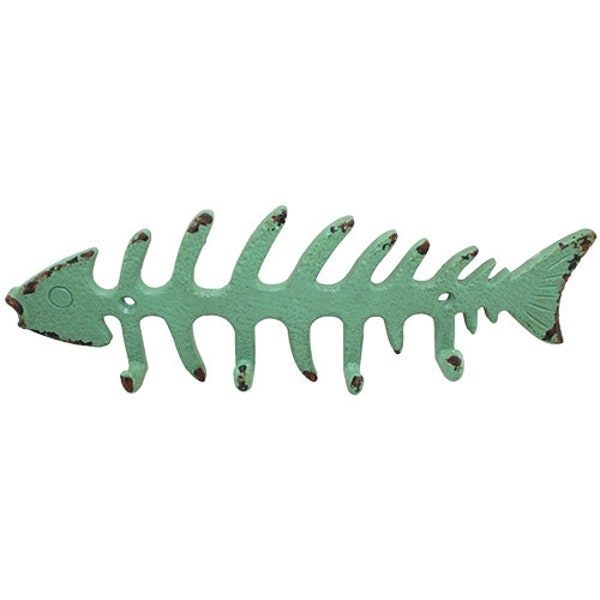Metal Fish Skeleton wall towel hook in pretty beachy green color for the  bathroom, laundry room  or kitchen, coastal beachy lake home