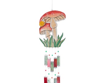 Magickal realm Glass Windchimes featuring a hand-carved Wooden Mushroom. Invite nature's magick, and dance to the celestial melody.