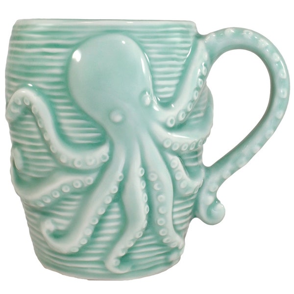 Ceramic seafoam green glazed octopus Cup Mug | Beachy ocean kitchen décor | Coastal Beachy Mugs for coffee and tea | Succulent, Herb Planter