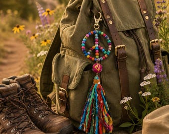 Peace Backpack Charm | Festival Backpack Accessory | Hiking Bag Tassel | Boho Travel Charm | Camper Gift | Recycled Sari Tassel