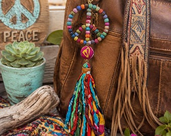 Boho Peace Sign Bag Charm | Colorful Recycled Sari Tassel | Hippie Purse Charm | Handmade Handbag Accessory | Bohemian Gift for Her