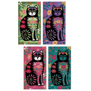 May include: Four black cats with colorful floral patterns on their fur. Each cat is sitting on a different colored background: green, purple, pink, and teal.