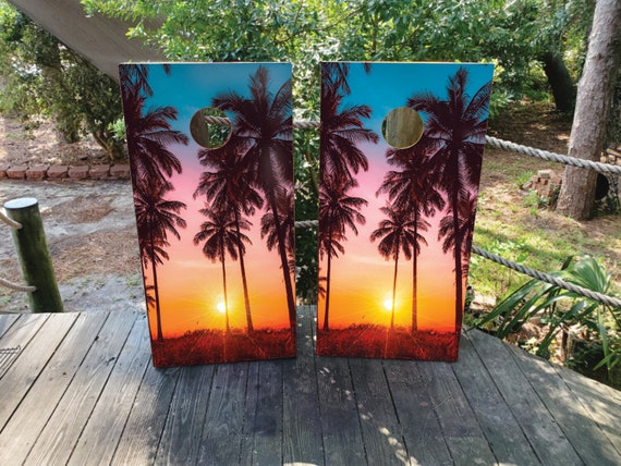 Beach Sunset Cornhole Board Decal Wraps – Vinyl Sticker Set For DIY Game Boards