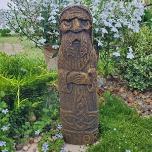Large Volcanic Stone Thor indoor or outdoor garden or altar statue, Thor's hammer, Norse God of thunder and strength, Norse Statue,