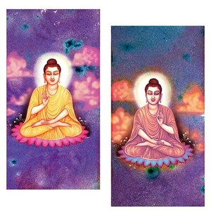 May include: Two paintings of a seated Buddha figure in a meditative pose. The Buddha on the left is wearing a yellow robe and the Buddha on the right is wearing a pink robe. Both figures are surrounded by a purple and pink background with clouds.
