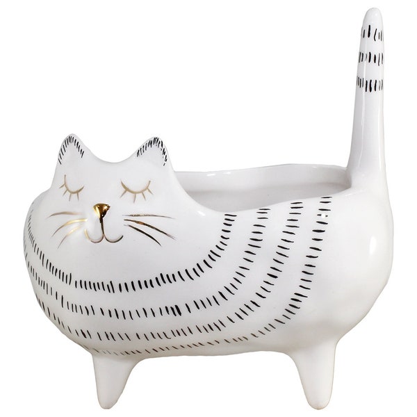 Cute Cat Planter Pot with drainage hole, White porcelain with black stripes, Perfect size for a small cactus, air plants or succulents!