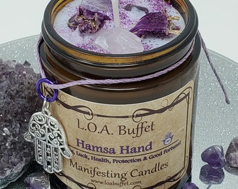 Hamsa Hand, Good Luck Candle, Law Of Attraction, Hand Poured Soy Candle, Herbal Alchemy Candle for Luck, Health & Good Fortune