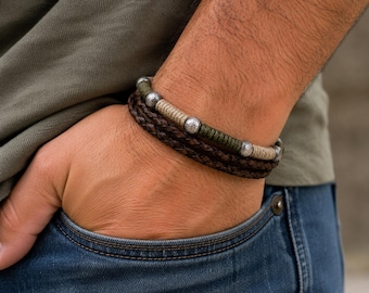 Men's Leather Bracelet, Brown Green 3 Strand Braided Leather Bracelet, Rustic Boho Jewelry, Outdoorsman Gift for Him